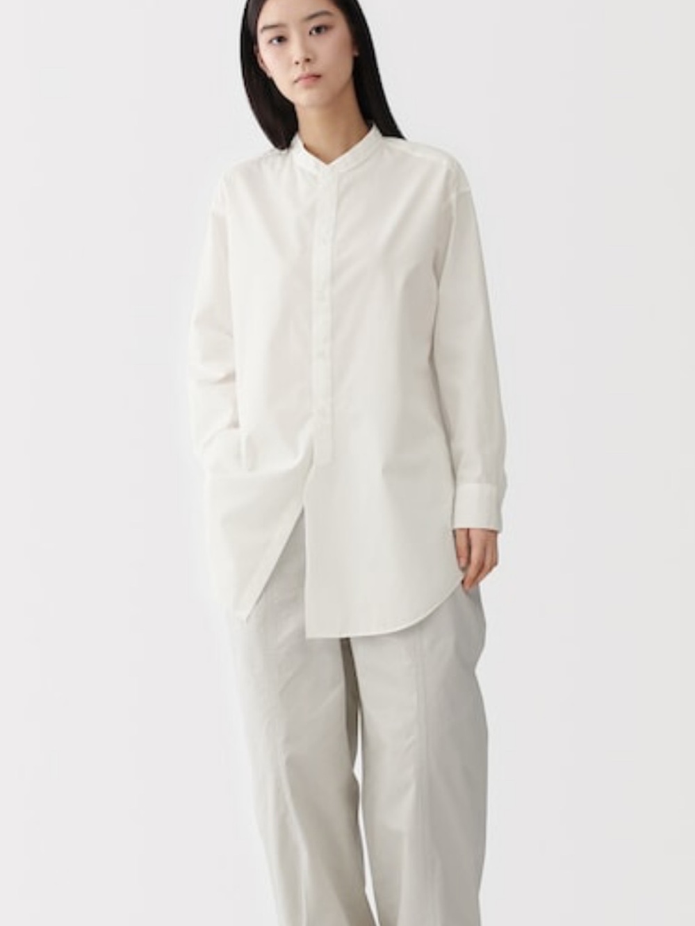 Muji Labo White Cotton Grandad Collar Blouse